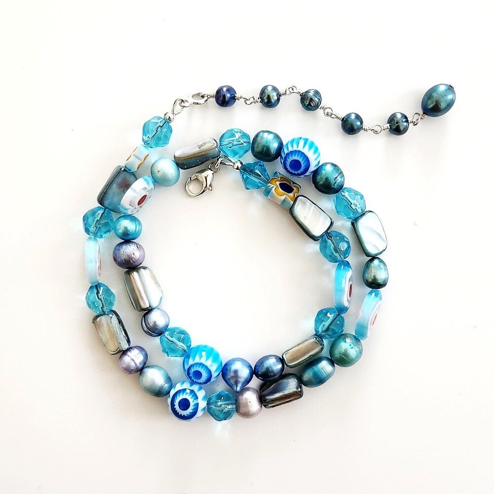 Mixed Whimsies In Aqua Beaded Necklace